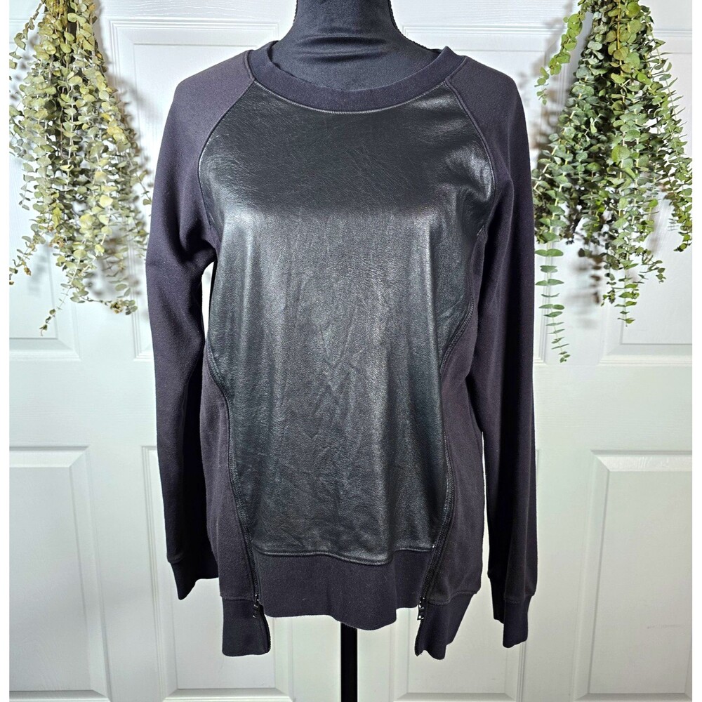 BCBGMAXAZRIA Women's Black Faux Leather Front Crewneck Sweatshirt Size Small Zip